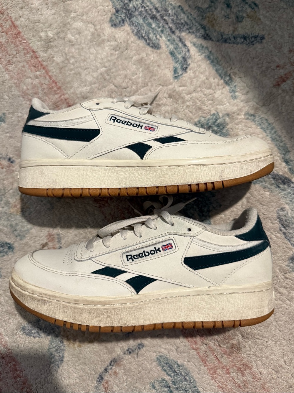 Reebok White Leather Sneakers with Dark Green Accents and Gum Sole